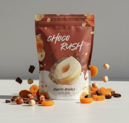 Bag of 'Choco Rush' crunchy granola with scattered ingredients on a light surface and gray background