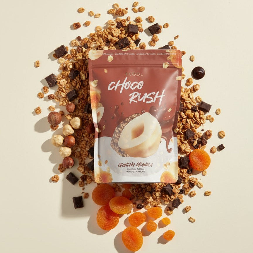 Packaging of 'Choco Rush' granola surrounded by granola pieces and dried fruits on a beige background