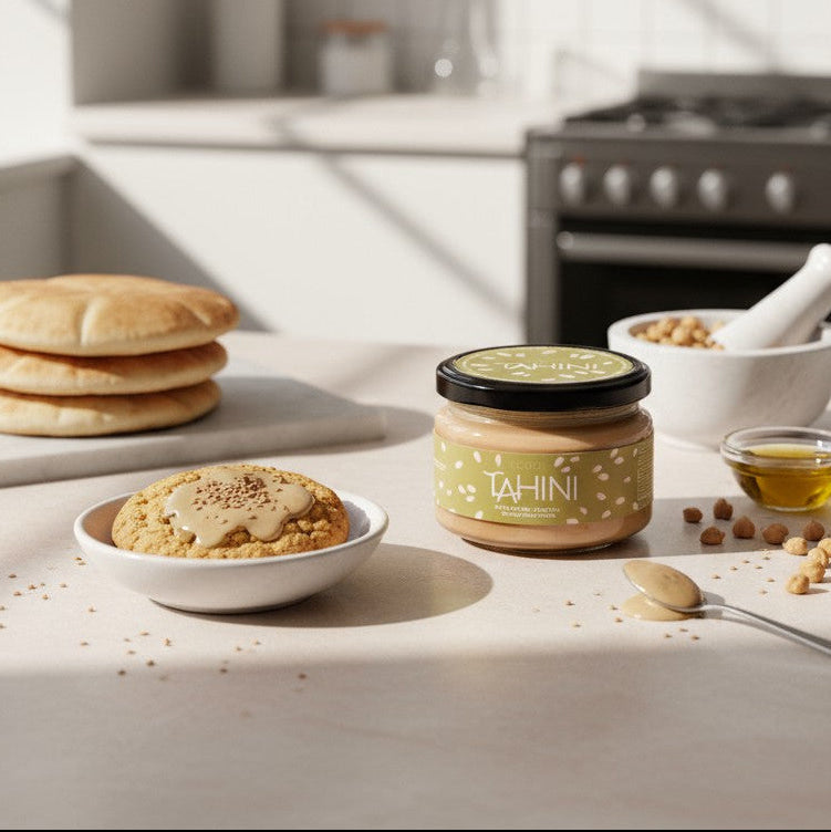 Tahini jar on a kitchen counter with pita bread and cookies.