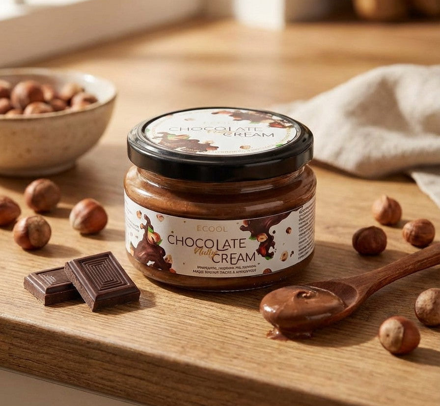 Jar of chocolate cream spread on a wooden surface with nuts and chocolate pieces.